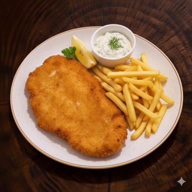 Kuřecí řízek s hranolkama, tatarská omáčka